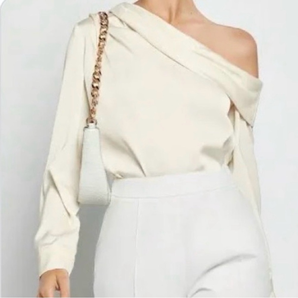 J.ING Cream Satin Asymmetric Collar Ruffle Off-Shoulder Blouse